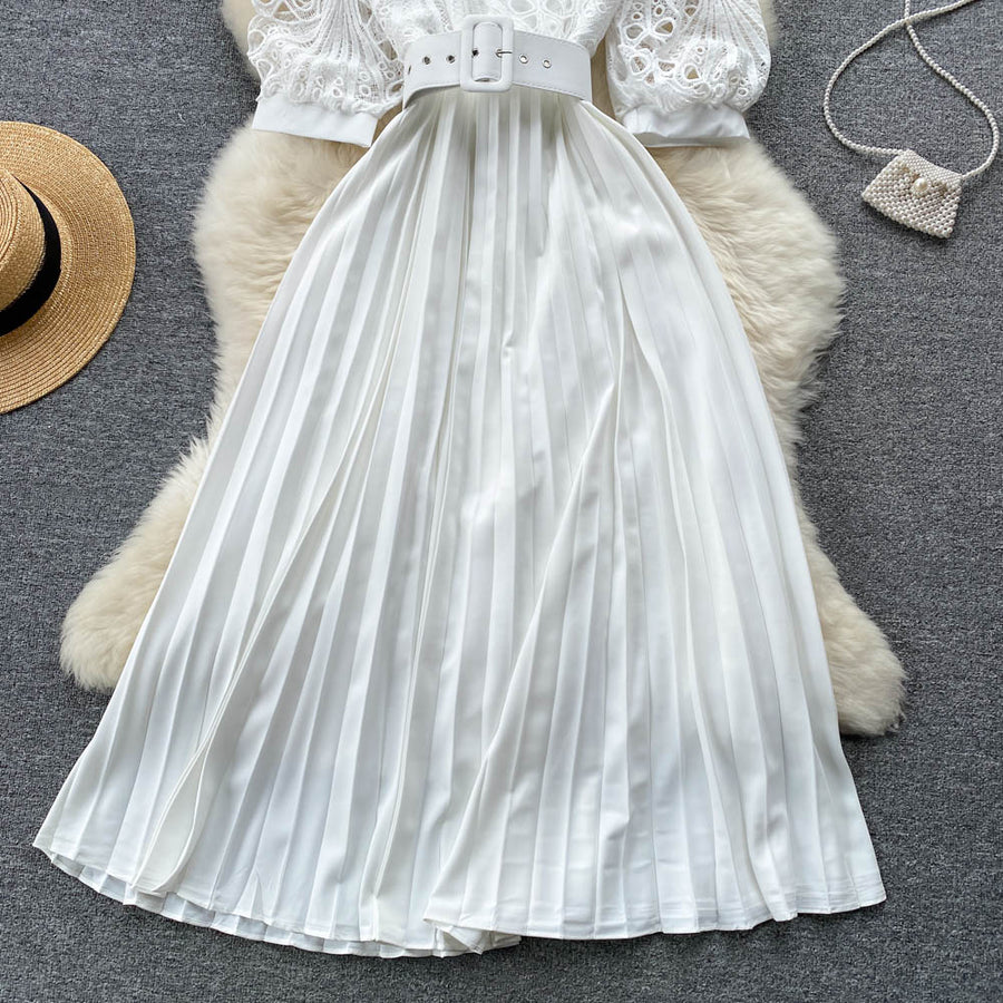 High quality vintage belted round neck half sleeve hollow out lace dress