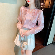 High Quality Long Sleeves Elegant Vintage Embroidered Satin Blouses