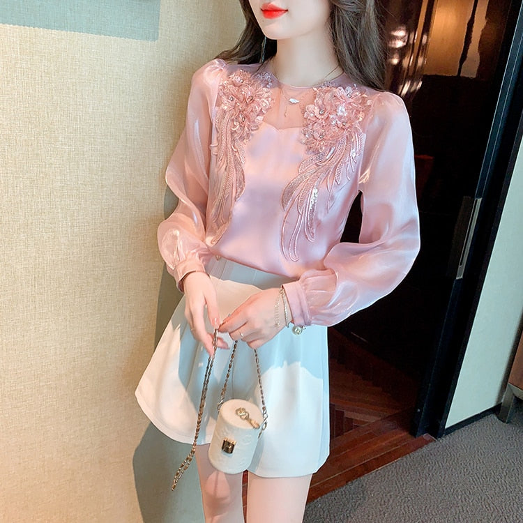 High Quality Long Sleeves Elegant Vintage Embroidered Satin Blouses