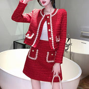 Autumn Winter Fashion Plaid Red Woolen Two Piece Set Women Pearls Single Breasted Fringed Tweed Jacket Coat + Pocket Mini Skirt