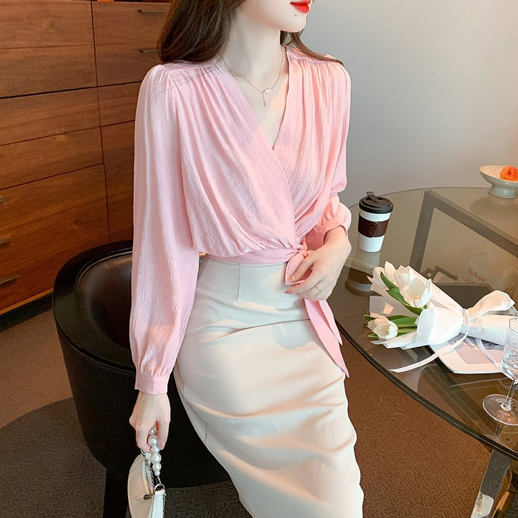 High Quality Long Sleeves V Neck Loose Elegant Vintage Pink Blouses