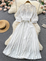 High quality vintage belted round neck half sleeve hollow out lace dress