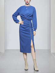 Woman 2 Pieces Set Knotted Loose Cropped Sweatshirt  + Vintage Split Pencil Skirt Korean Simple Skirt Suit