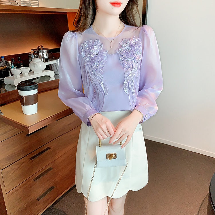 High Quality Long Sleeves Elegant Vintage Embroidered Satin Blouses