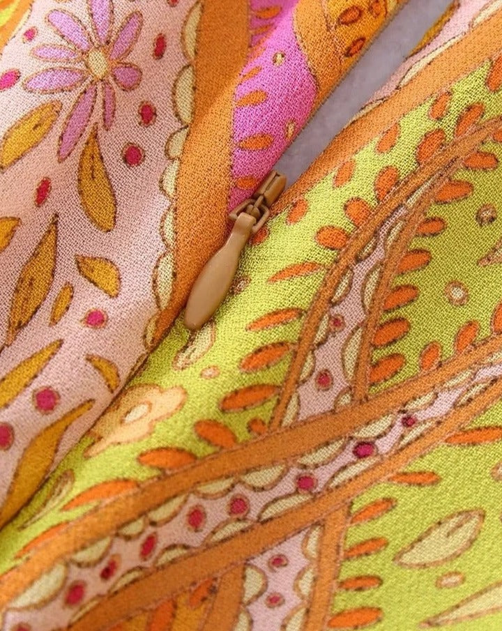 Long Sleeve Hollow Out Vintage V Neck Cashew Nuts Floral Print Chiffon Mini Dress