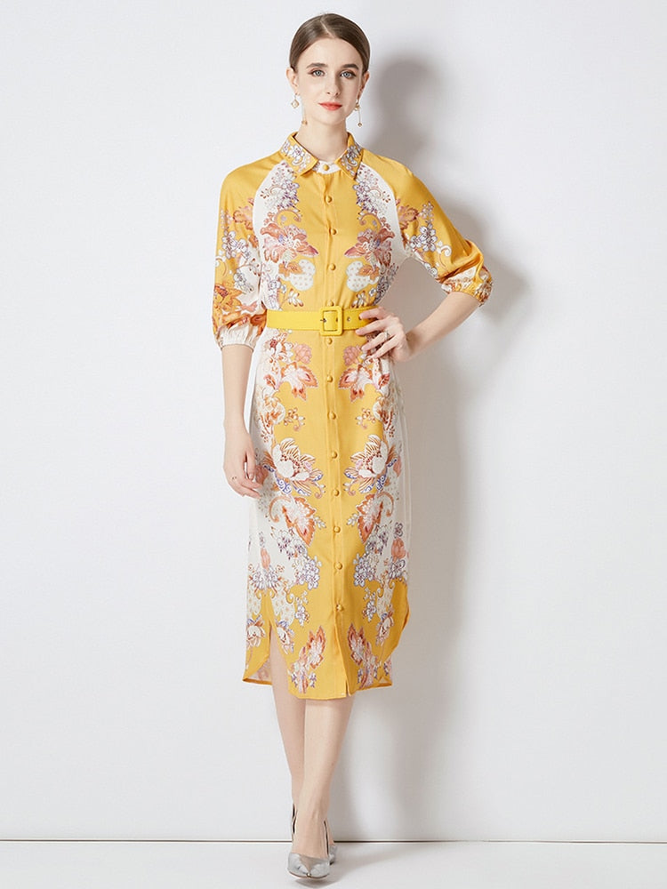 Dress High Neck Puffed Sleeve Floral Print with Belt