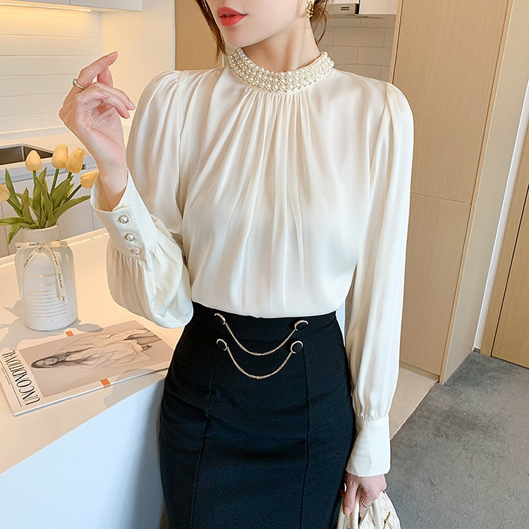 High Quality Elegant Vintage Loose Beaded Long Sleeve Chiffon Blouse