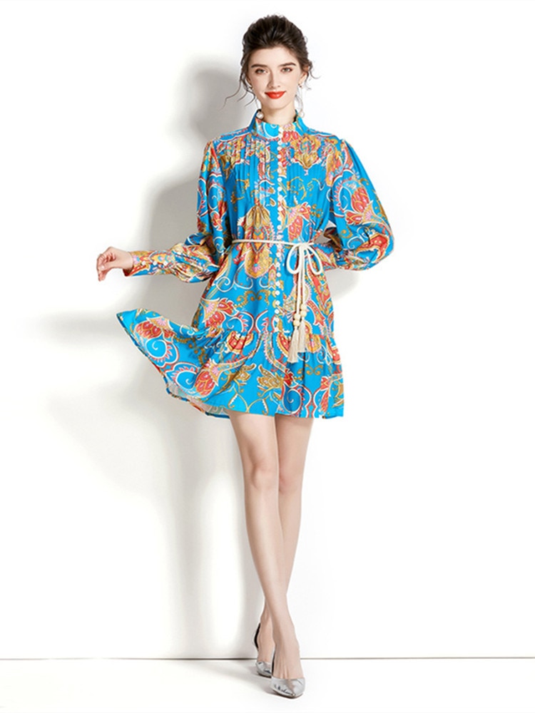 High quality vintage long sleeve single breasted lace belt print blue green shirt dress