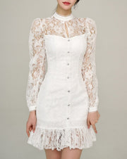 Pencil Sheath Sexy Summer Dress Women Knee Length Balloon Sleeves White Bodycon Floral Lace Dresses