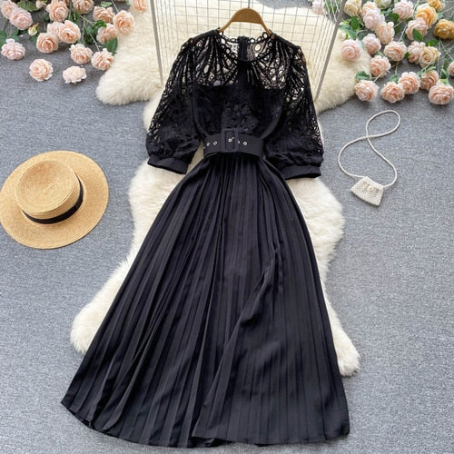 High-quality multi-color belted pleated lace dress with long sleeves