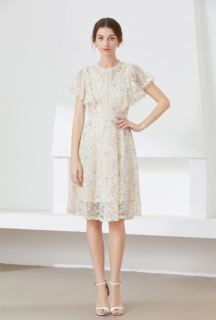 High quality multi color vintage designer flared elegant lace dress