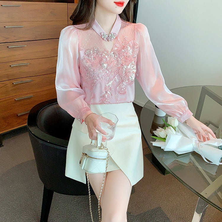 High quality loose beaded embroidery vintage elegant blouses