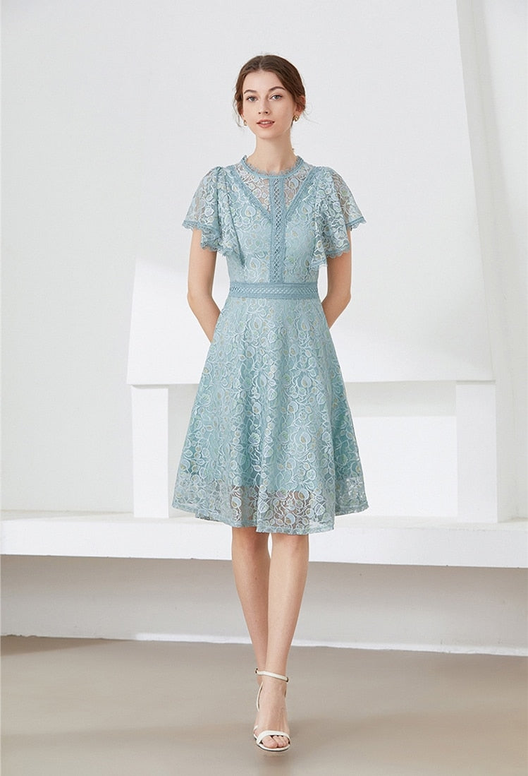 High quality multi color vintage designer flared elegant lace dress
