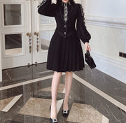 High Quality Pleated Long Sleeve Black Elegant Dress