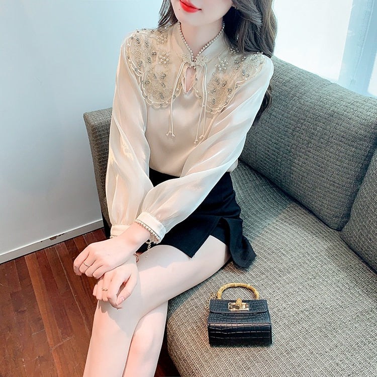 High Quality Casual Elegant 3D Embroidery Vintage Blouses