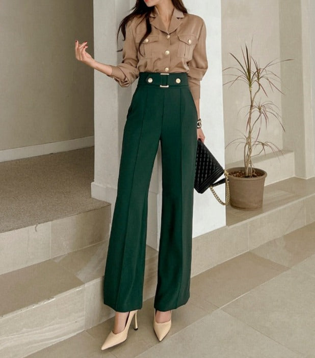 High Quality 2 Pieces Suits Elegant Long Sleeve Shirts + High Waist Pants
