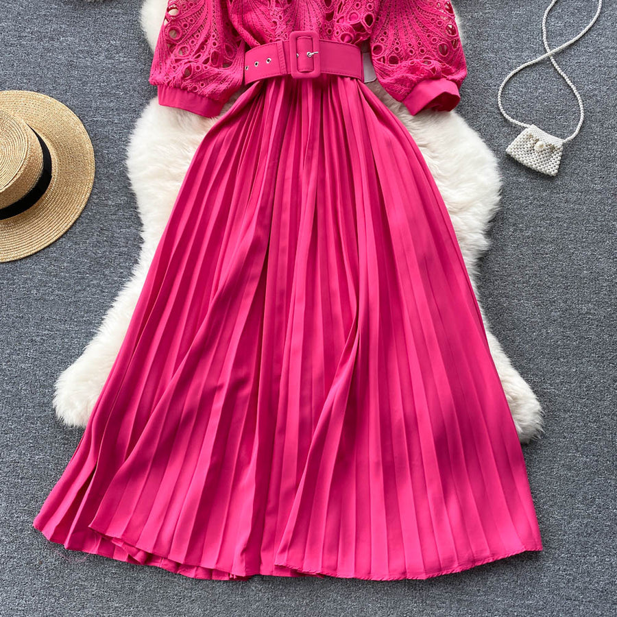 High quality vintage belted round neck half sleeve hollow out lace dress