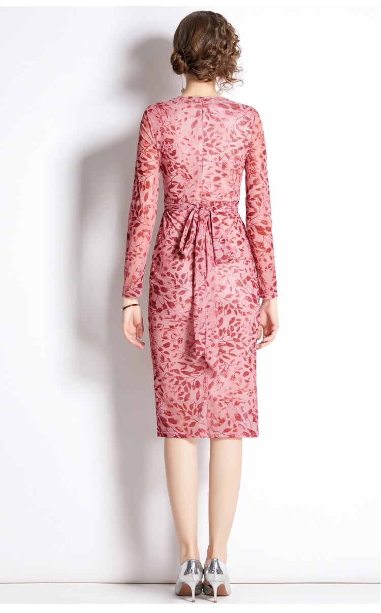 High Quality Vintage Designer V Neck Elegant Pink Sheath Dress