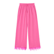 Women Fashion With Feathers 2 Piece Set Single Breasted Blouse & Vintage Elastic Waist Trouser Female Chic Pants Sets