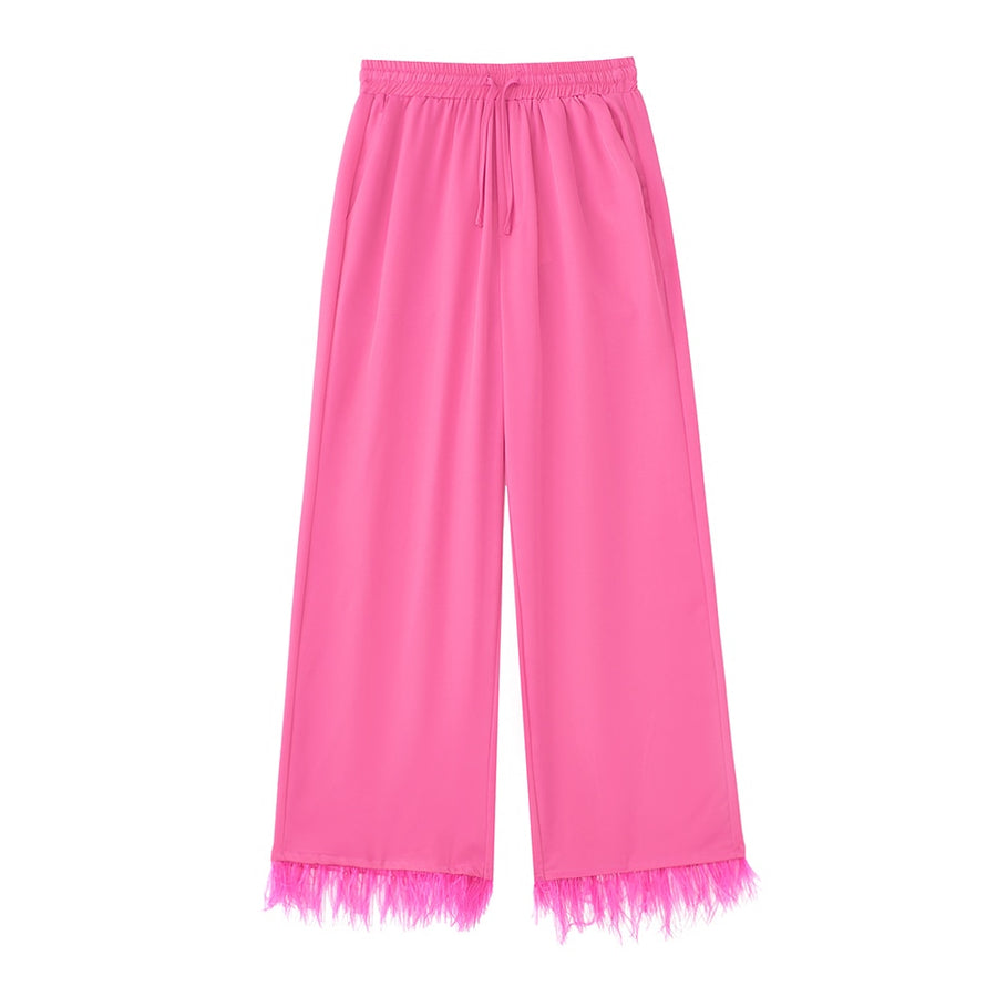 Women Fashion With Feathers 2 Piece Set Single Breasted Blouse & Vintage Elastic Waist Trouser Female Chic Pants Sets