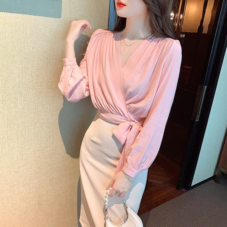 High Quality Long Sleeves V Neck Loose Elegant Vintage Pink Blouses