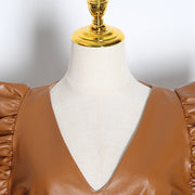 Vintage Dress For Female V Neck Puff High Waist