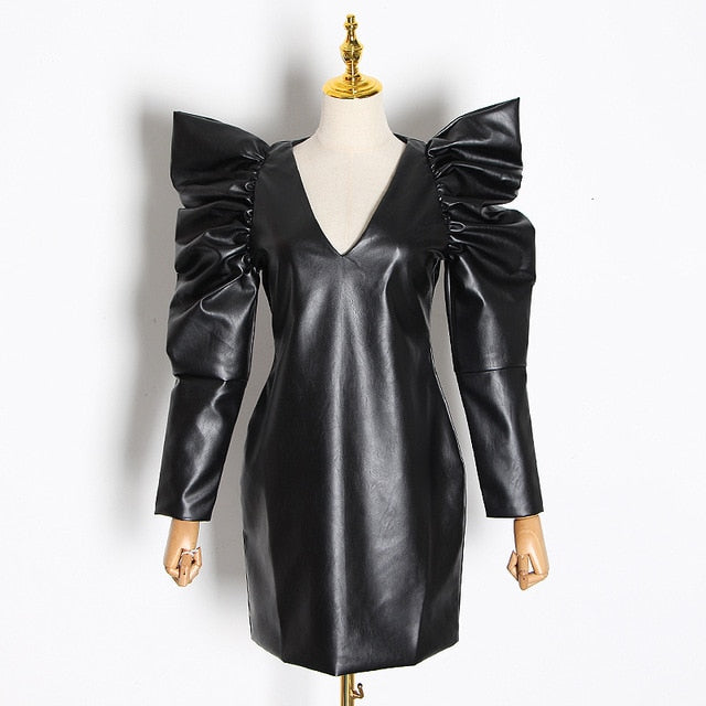Vintage Dress For Female V Neck Puff High Waist