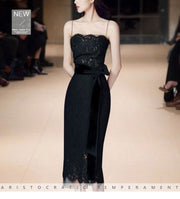 Vestido Vintage ajustado para mujer, vestido negro liso con tirantes finos sin tirantes de encaje Imperio, vestido de fiesta elegante con cinturón