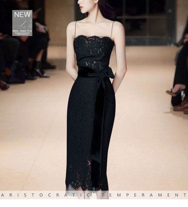 Vestido Vintage ajustado para mujer, vestido negro liso con tirantes finos sin tirantes de encaje Imperio, vestido de fiesta elegante con cinturón